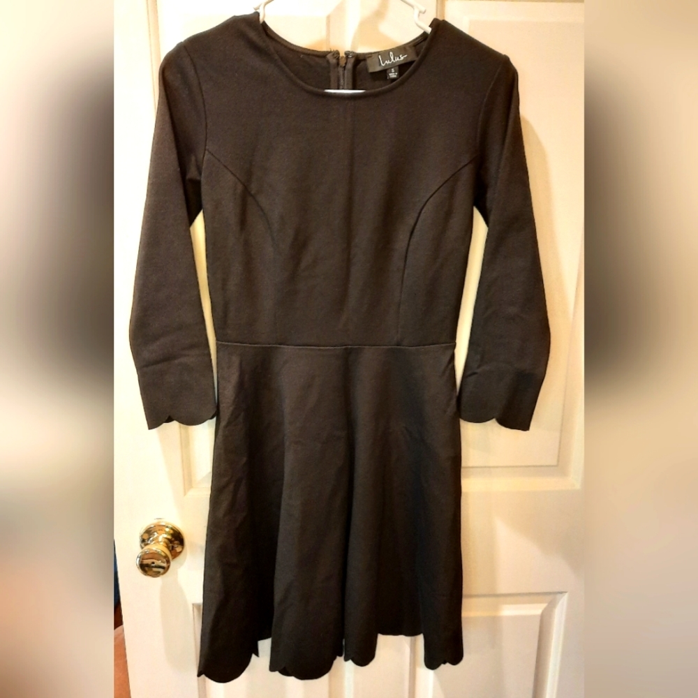 Lulus Dress Small Black 3/4 Sleeve with Scalloped Hem Formal Party Cocktail